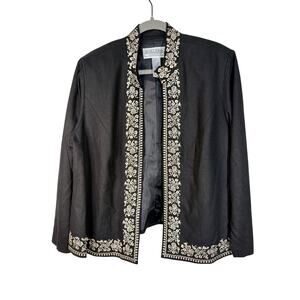 Jessica Howard Black & White Embroidered Open Front Blazer Jacket Plus Size 20W